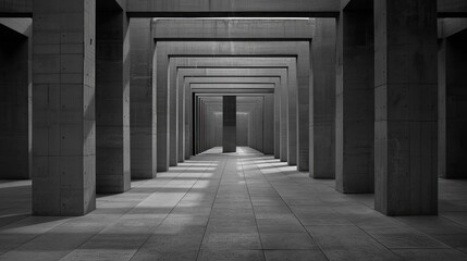 Obraz premium A long corridor lined with concrete pillars, sunlight casting shadows on the floor, highlighting the architectural details