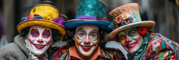 Three actors in colorful clown costumes and makeup pose for a selfie during a street performance