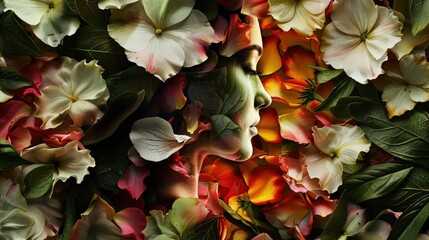 An artistic interpretation of a woman's presence among flowers, using a collage of various flower petals and leaves to form an abstract feminine shape.