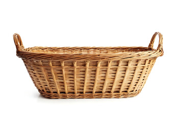 Obraz premium Empty wicker basket with a sturdy handle, perfect for product displays, gift arrangements, or showcasing fresh produce.