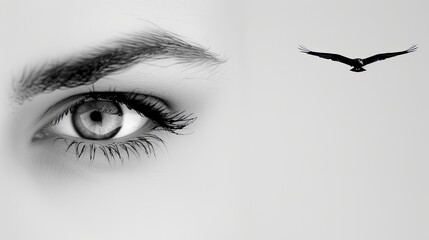 A close-up black and white photo of a woman's eye looking to the right side of the frame, where a black eagle flies high in the sky