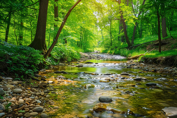 Fototapeta premium A Serene Woodland Stream Flowing Over a Rocky Bed, Illuminated by Sunlight Through Lush Green Forest Leaves