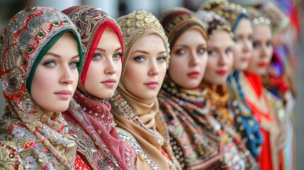 Fototapeta premium A group of women in vibrant national dresses and intricate headscarves standing in a row outdoors