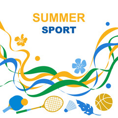 Obraz premium Background of summer sports games .Vector illustration with wave lines, flowers, balls and rackets