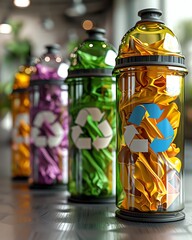 Four colorful glass recycling bins with recycle symbol and crumpled paper.
