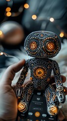 Fototapeta premium Close-up of a detailed robot figurine with glowing lights, sitting on a smartphone.