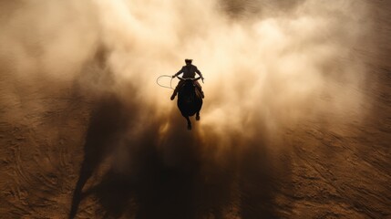 A man is racing through the desert on a motorcycle, kicking up dust behind him, with the stunning landscape enhancing the atmosphere of the motorsport recreation