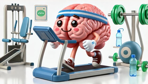 Illustration of a brain character with animated features working out on a treadmill in a gym setting, concept for mental health care