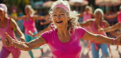 Obraz premium Smiling Senior Woman Leading a Group Fitness Class in Pink Attire