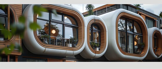 Obraz premium Modern architecture with rounded windows and wood accents.