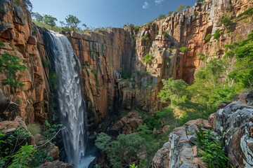 A majestic waterfall cascades down steep vertical cliffs surrounded by lush greenery and rocky formations under a clear blue sky