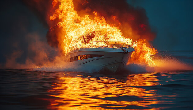 A motorboat caught in a fiery blaze while floating on the sea during sunset, with intense flames and smoke illuminating the surrounding water. The sight is both dramatic and alarming.