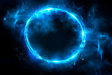 Obraz premium Vibrant blue neon circle with dynamic light effects on a dark background.” It’s perfect for technology-themed designs. Generative Ai.