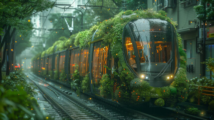 Eco-Friendly Tram Covered in Lush Greenery