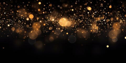 Golden glitter bokeh on black background. Holiday and celebration concept.
