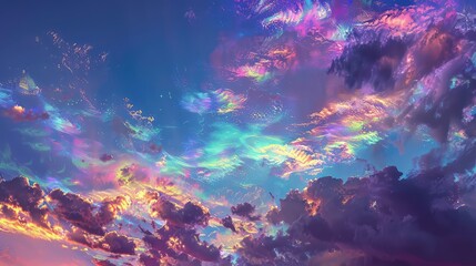 Obraz premium An awe-inspiring skyscape with iridescent nacreous clouds shimmering in neon colors against a twilight backdrop.