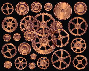 Cogwheels. Design set. Editable hand drawn illustration. Vector vintage engraving. Isolated on black background. 8 EPS