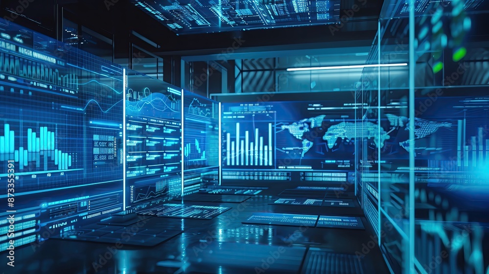 Fototapete Futuristic data center with digital interfaces displaying graphs and world maps, emphasizing global connectivity in technology.