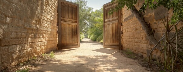 A serene garden path framed by rustic wooden gates, this image conveys tranquility and the welcoming embrace of nature, creating a peaceful and inviting atmosphere.