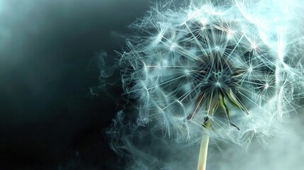  Close-up of a dandelion with smoke rising from its top, set against a black backdrop