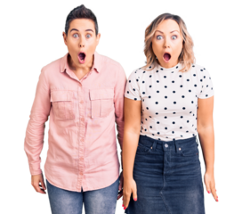 Couple of women wearing casual clothes scared and amazed with open mouth for surprise, disbelief face
