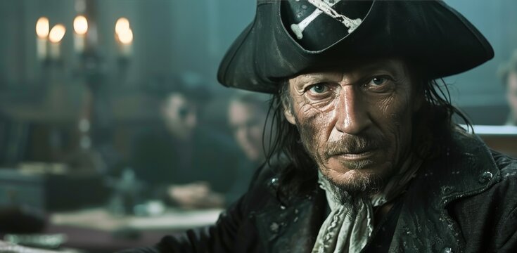 Older Man Dressed As A Pirate With Skull And Crossbones Hat Working At Desk