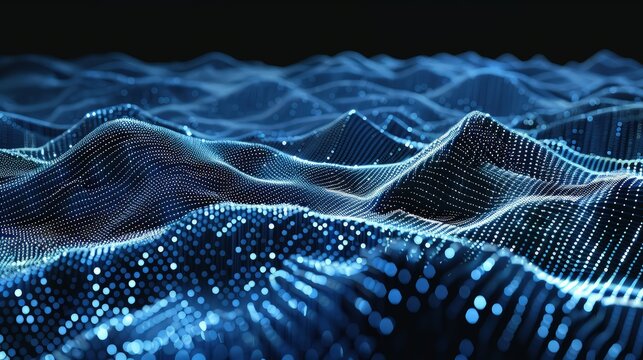 An elegant 3D terrain model made of interconnected digital points and grids, showing a complex network of data patterns and flows.