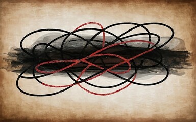 Abstract composition, aged paper, black and red colors.