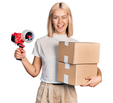 Beautiful young blonde woman holding packing tape and cardboard boxes winking looking at the camera with sexy expression, cheerful and happy face.