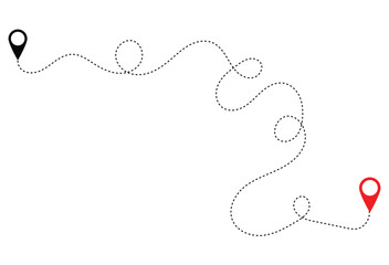 Route icon - two points with dotted path and location pin. Travel from start point and dotted line. path route travel banner illustration with location map pin icon for destination. EPS file 15.