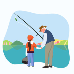 Grandfather and granddaughter go fishing on the lake. Illustration for the International Day of the Elderly. Beautiful colorful landscape.  Vector illustration.