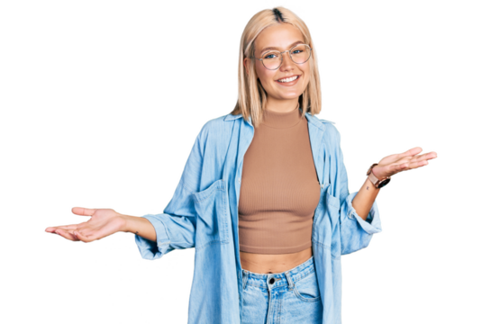 Beautiful young blonde woman wearing glasses smiling showing both hands open palms, presenting and advertising comparison and balance