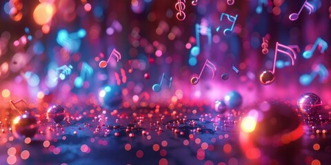 Vibrant Musical Wonderland with Neon Lights and Colorful Notes