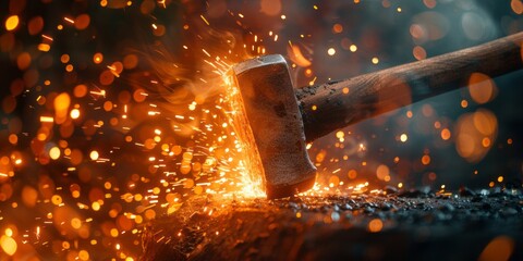 Molten Sparks Fly as Hammer Hits Metal in Fiery Workshop