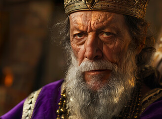 Close-up of Melchizedek, the priest king of Jerusalem, in a visual representation of the majestic and reverent figure. Melchizedek dressed in royal and priestly attire.