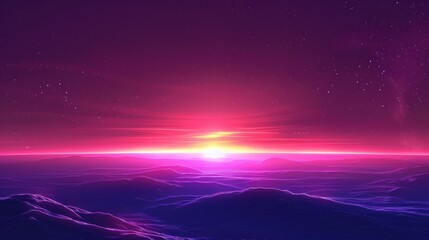 Neon Sunset Over Alien Planet, Vibrant, Colorful Space Landscape