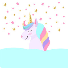 Cute cartoon character happy magic unicorn with rainbow mane and tail. Vector illustration isolated on a white background. For print, design, poster, sticker, card, decoration, kids birthday