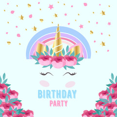 Cute cartoon character happy magic unicorn with rainbow mane and tail. Vector illustration isolated on a white background. For print, design, poster, sticker, card, decoration, kids birthday