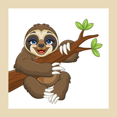 Cartoon sloth hanging on a tree branch