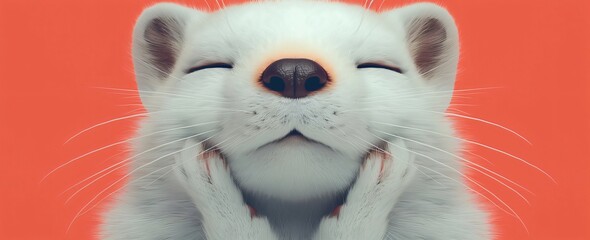 Happy white ferret enjoying life against a red background in a studio closeup shot