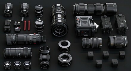 A professional camera equipment set is arranged on a black background, including a camera body, various lenses, filters, and accessories