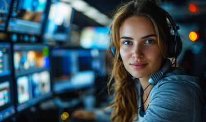 Obraz premium Creative Female Video Editor Working on Footage in Modern Office Studio at Night, Focused and Engaged in Creative Process