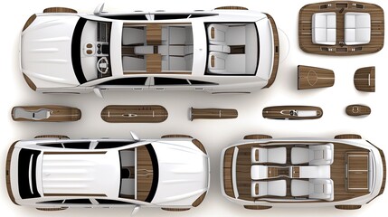 A white SUV is showcased through multiple angles with a wooden interior. Seats, flooring, and trim pieces are visible surrounding the vehicle