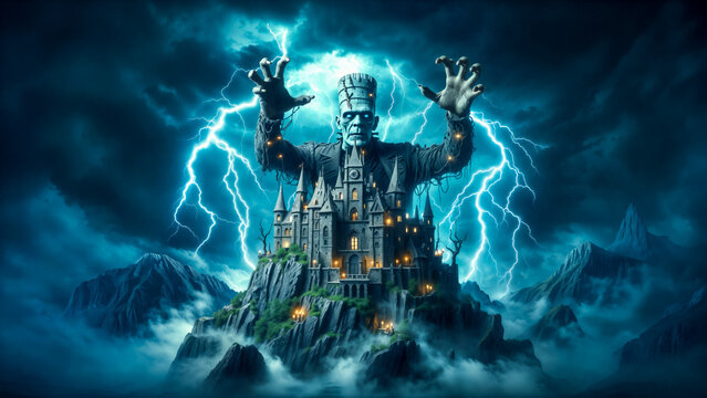 Halloween theme with towering Frankenstein's monster looms menacingly over gothic castle perched on misty mountain, illuminated by dramatic lightning under stormy night sky.