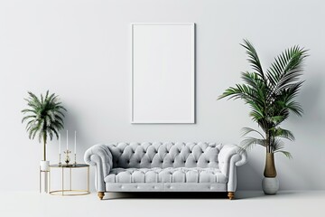 Modern sofa between two tall green plants in vases, with a white canvas on the wall above, providing empty space for advertising or text.