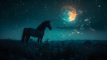 Moonlit unicorn rearing in the night.