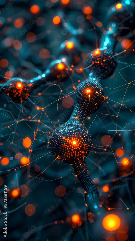 Poster interconnected digital neural network at night: illuminated nodes and glowing connections representi