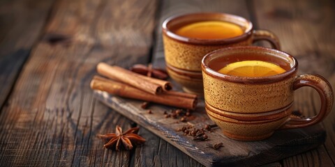 Rustic Autumn Tea with Cinnamon and Star Anise on Wooden Table