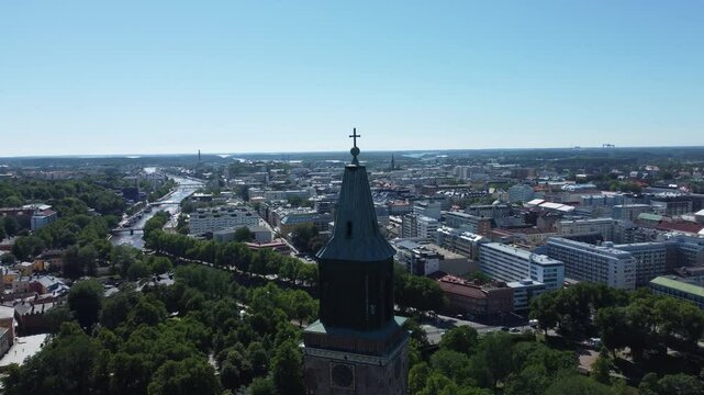 Aerial video of Turku Cathedral on a sunny summer day.