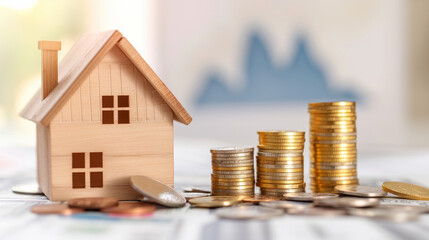 A wooden house model with stacks of coins, symbolizing real estate investment and financial growth.